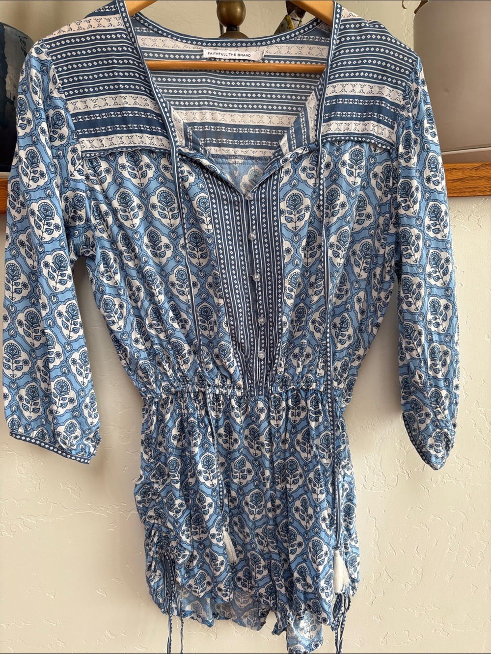 Faithfull the Brand Blue and White Printed Long Sleeve Tunic Dress